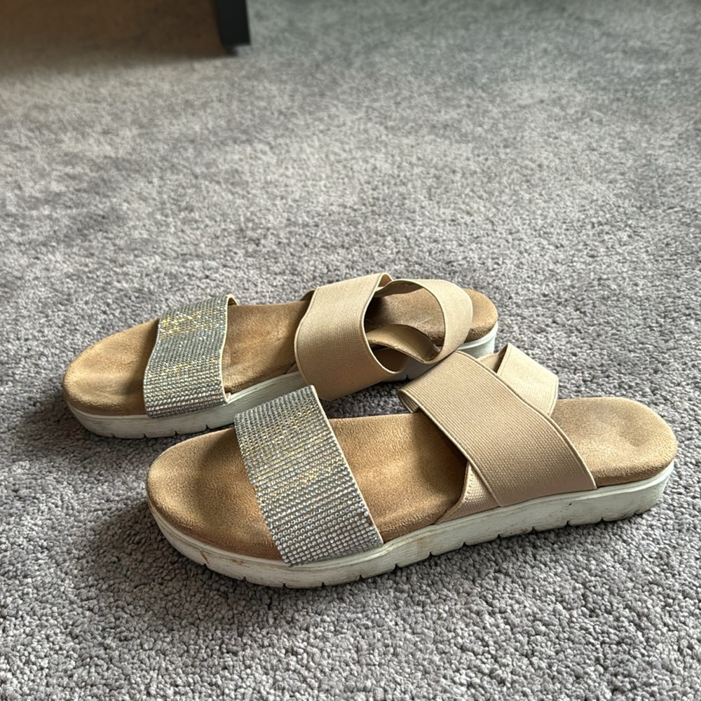 Tan Rhinestone Slip On Sandals - Picture 2 of 3